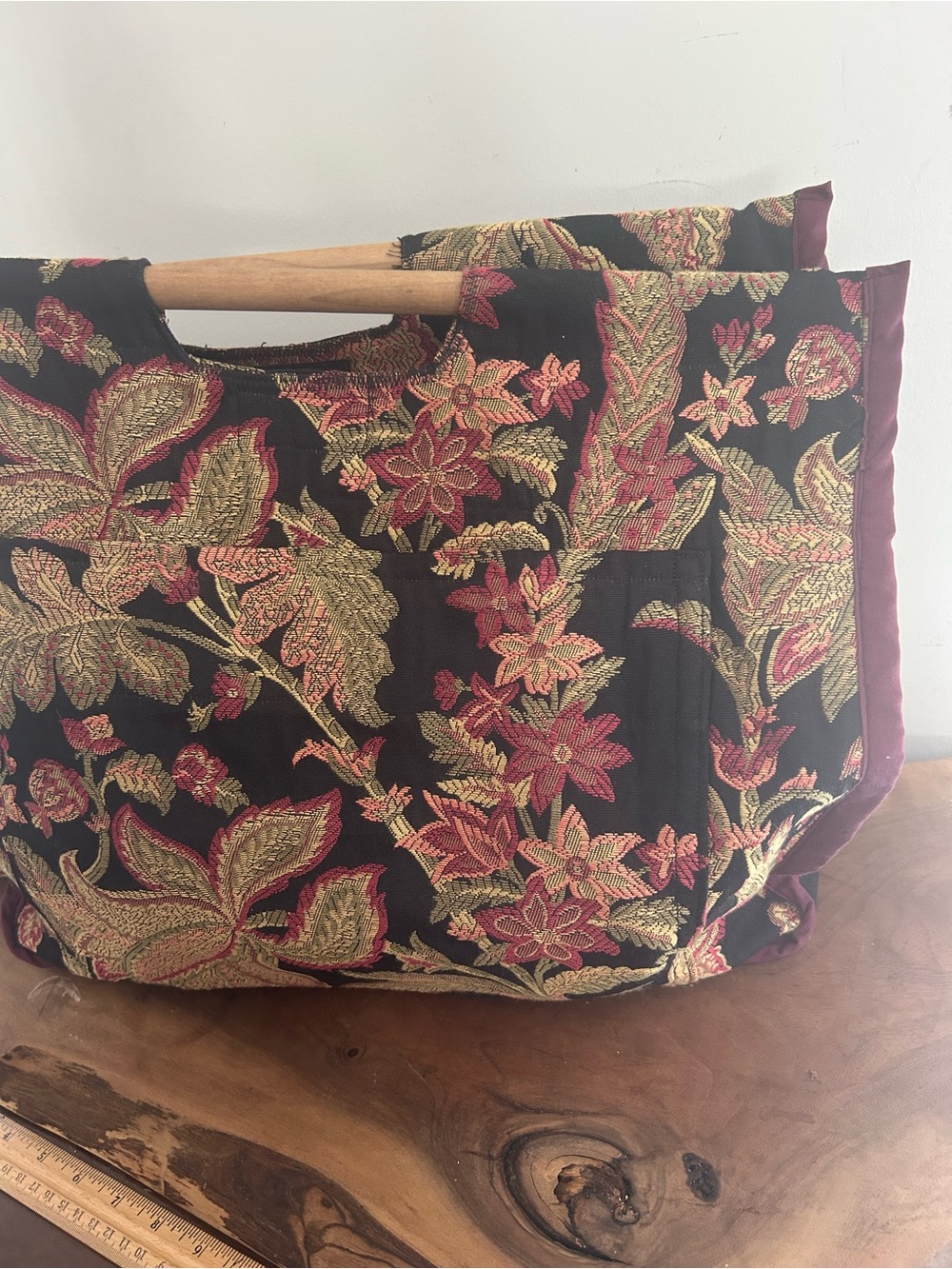 vintage floral jacquard embroidered sewing bag wooden top handles burgundy gold